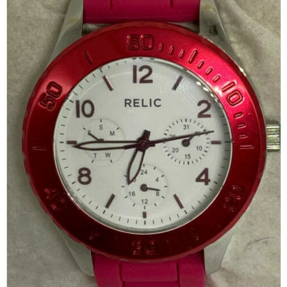Relic ZR15633 Women's Pink Silicone Analog White Dial Quartz Genuine Watch Aa2